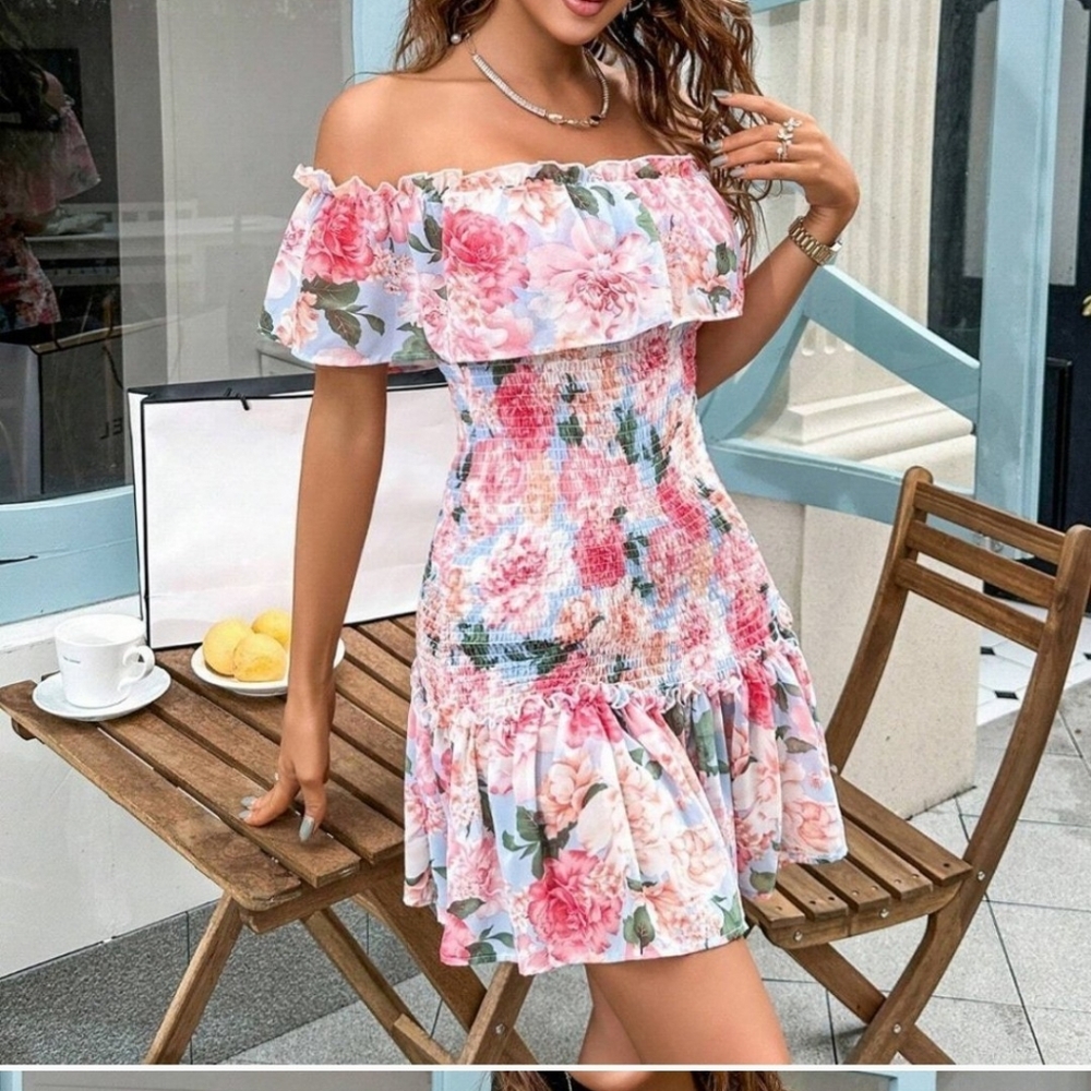 Multicolor Boho Womens Floral Print Off Shoulder Ruffle Hem Dress